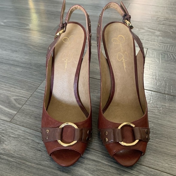 Jessica Simpson leather brown peep toe retro sling back career work heels 9.5B - Picture 5 of 12